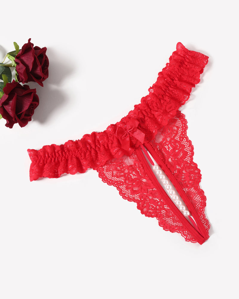 Red lace low waist thong with bow accent and pearl bead strap detail at center.