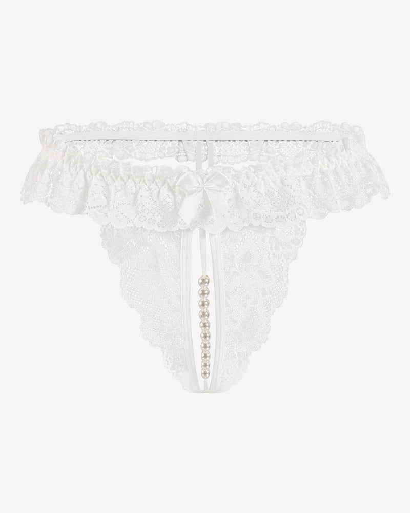 White lace low waist thong with bow trim and pearl bead drop at center.