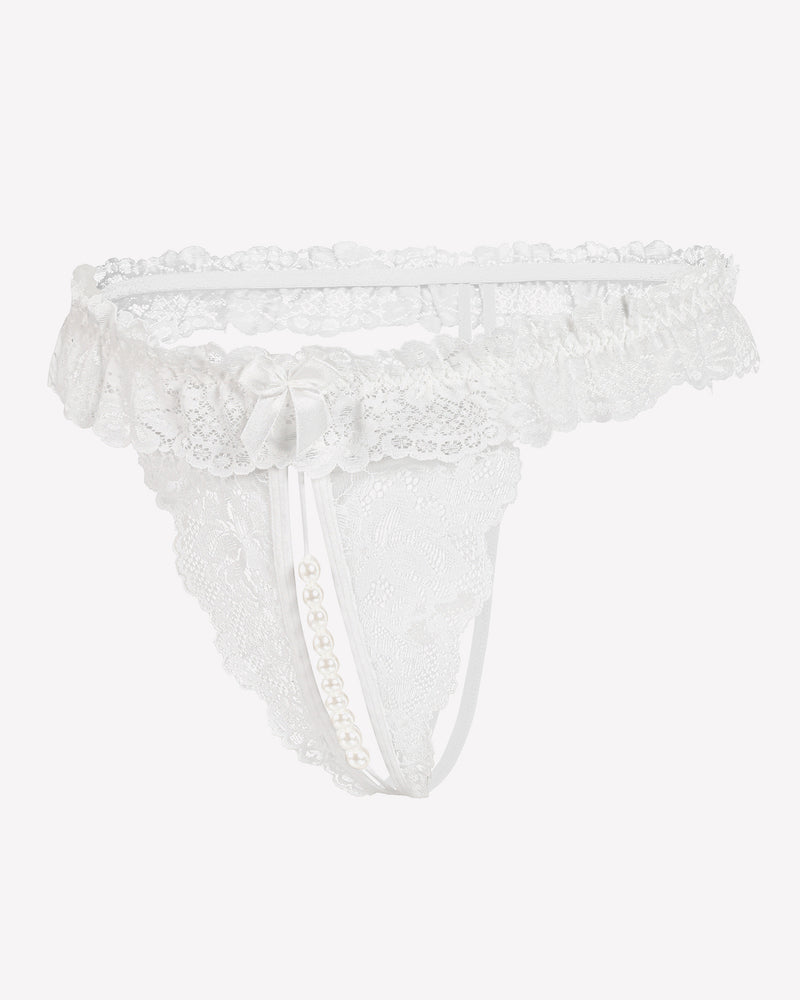White lace low waist thong with pearl-strap and scalloped lace trim