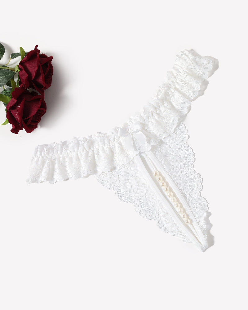 White lace low waist thong with pearl detail and ruffled side trim