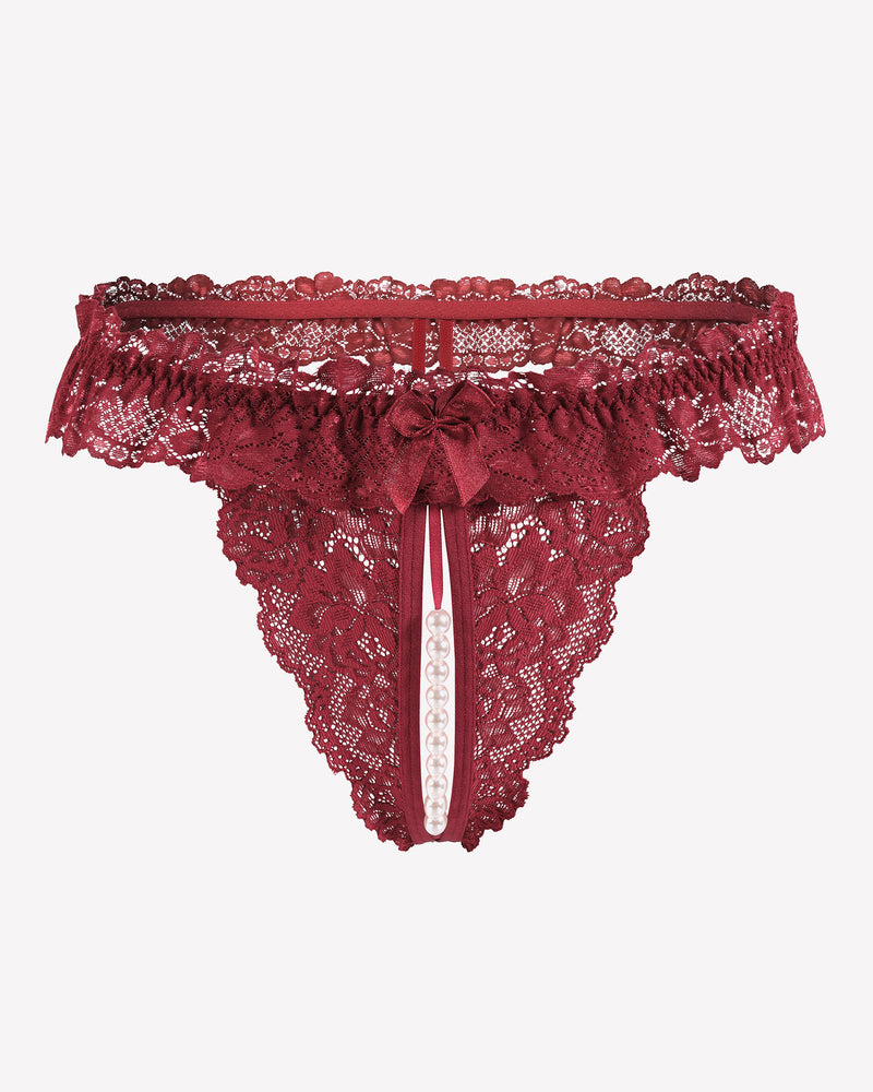 Burgundy lace low waist thong with bow at front and pearl drop pendant