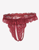 Burgundy lace low waist thong with bow and pearl-strap center detail