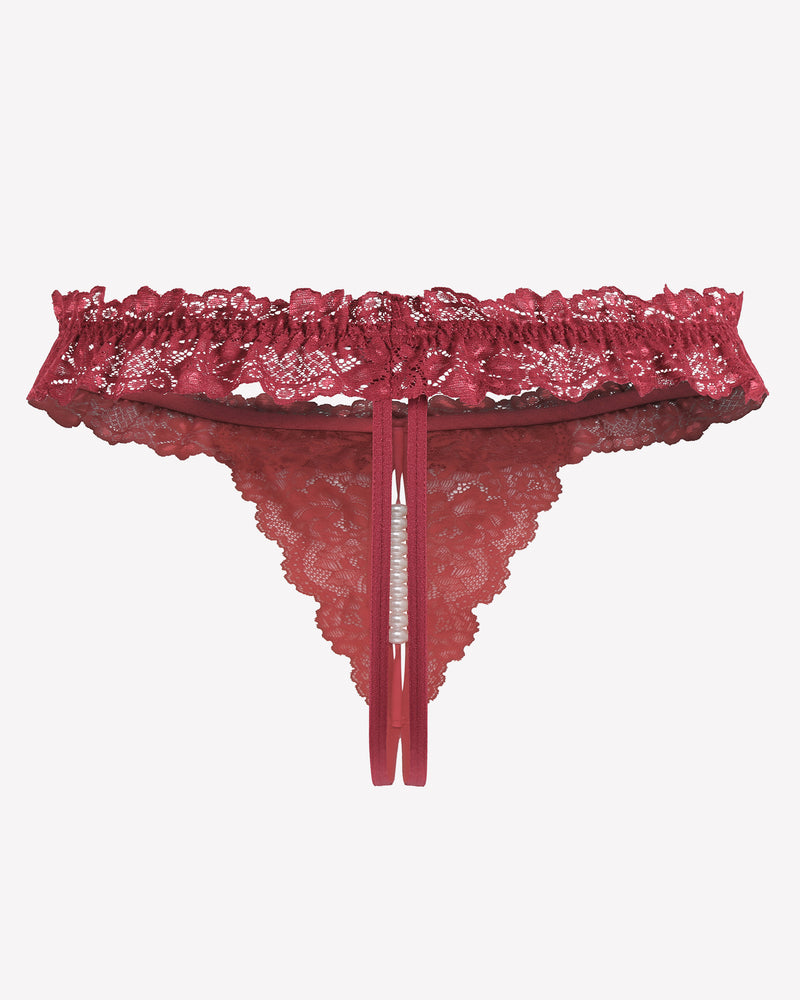 Burgundy lace low waist thong with long pearl center strap and sheer lace
