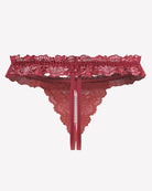 Burgundy lace low waist thong with long pearl center strap and sheer lace