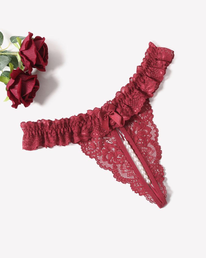 Burgundy lace low waist thong with pearl strap and ruffle trim