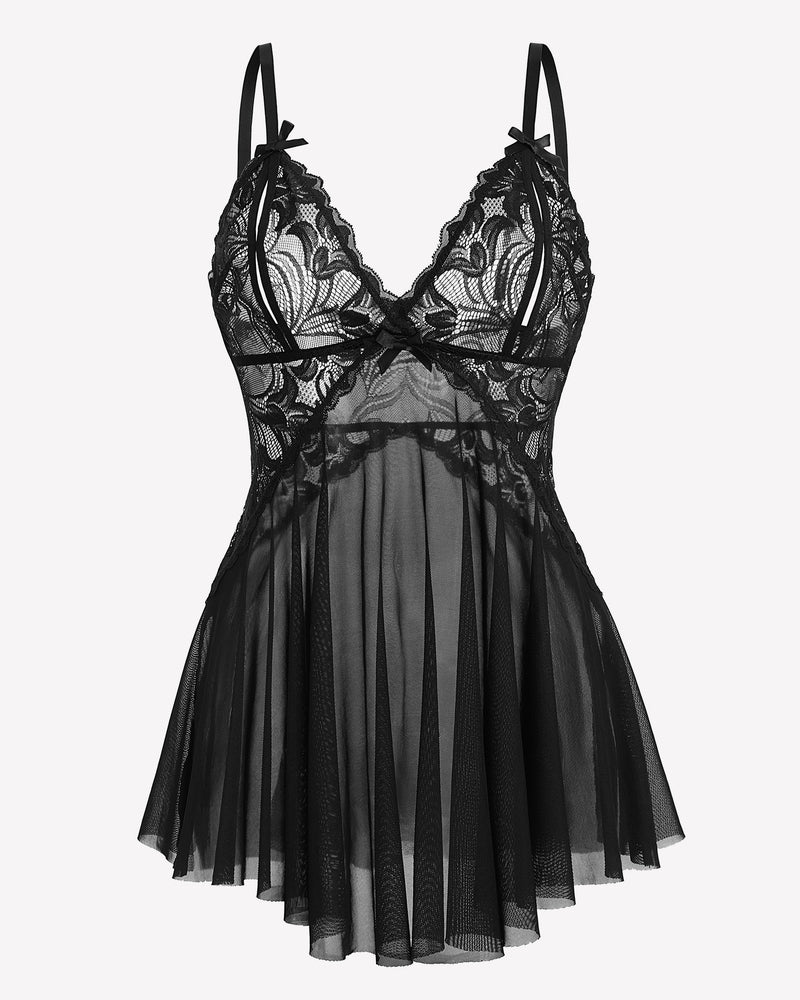 Black lace babydoll mesh lingerie with scalloped cups and flared tulle skirt