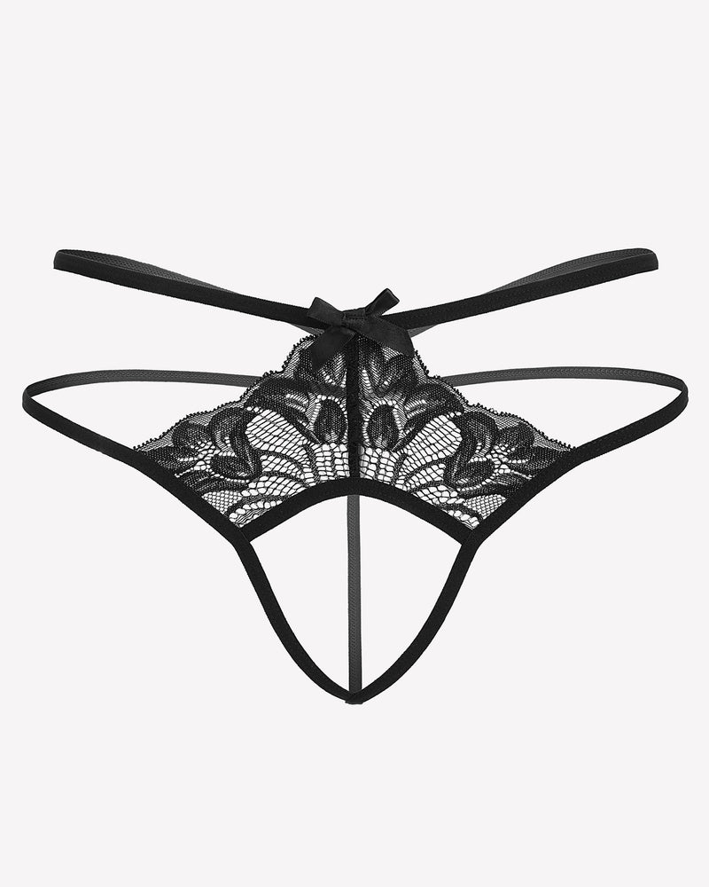 Black lace thong with V-shaped front panel and thin adjustable straps