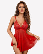 Red lace babydoll mesh lingerie with V-neck cups and flared sheer skirt