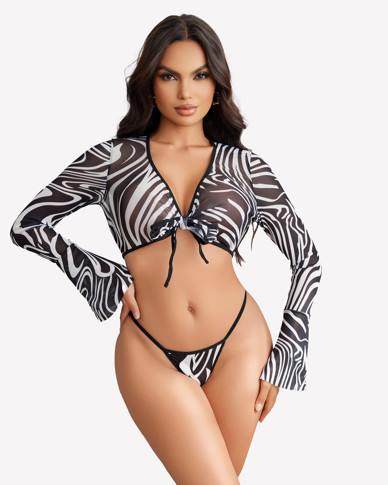 Sheer zebra-print crop top with long sleeves and matching g-string, tie-front.