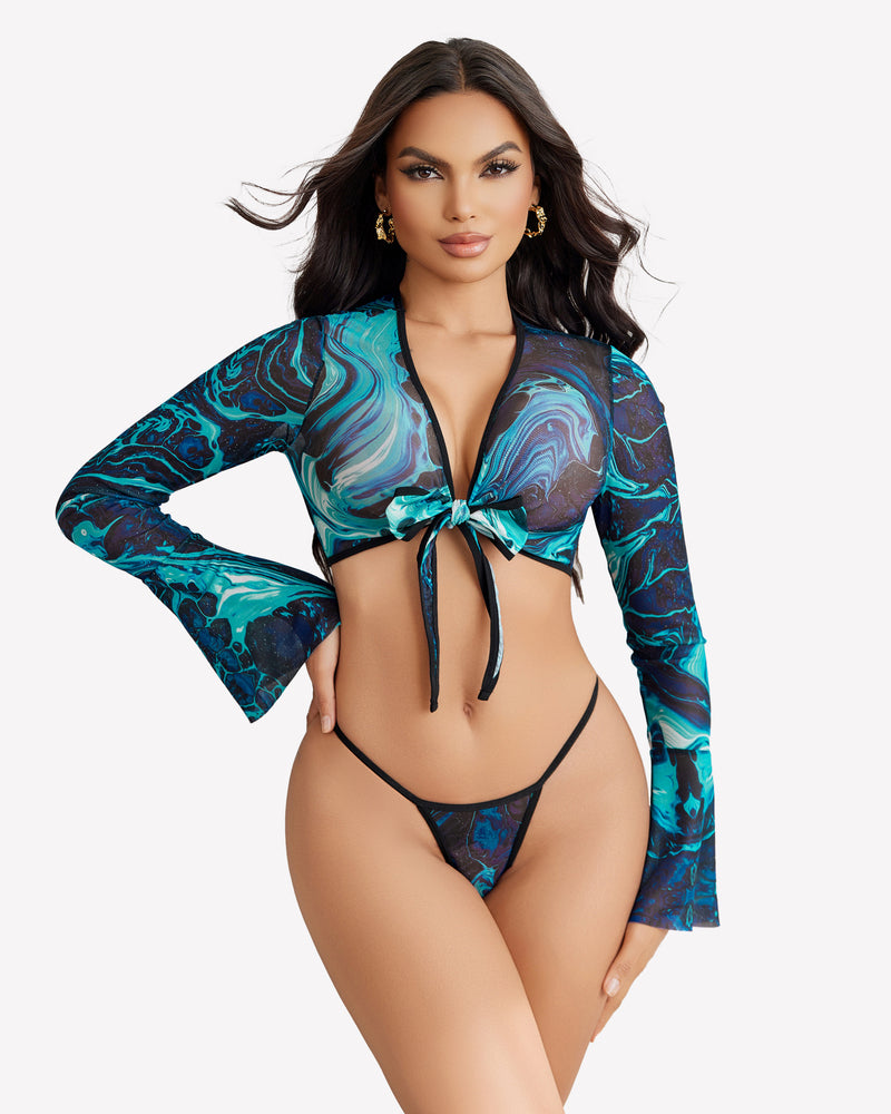 Sheer teal abstract-print crop top with long sleeves, tie-front, and matching g-string.