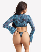 Sheer long-sleeve crop top and g-string thong set, back view in blue abstract print