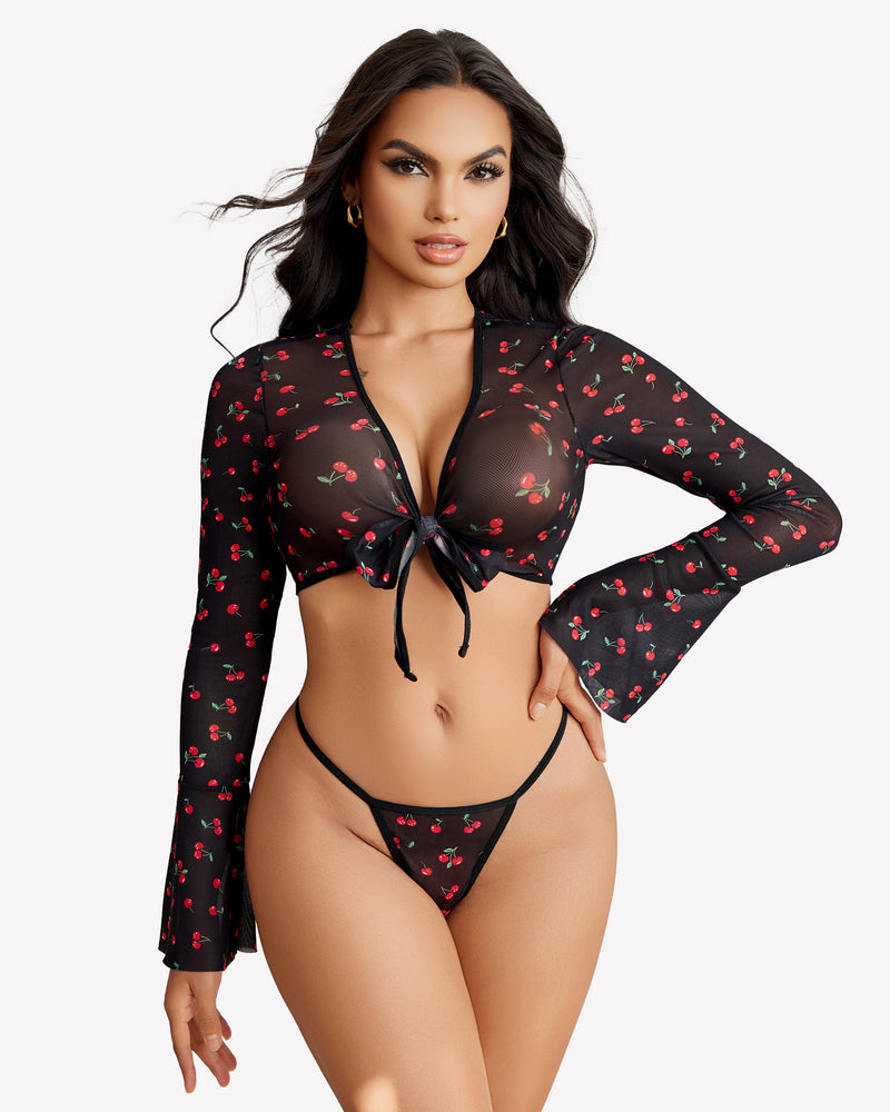 Sheer long-sleeve crop top and g-string thong set, black with red cherry print
