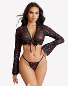 Sheer long-sleeve crop top and g-string thong set, black with red cherry print