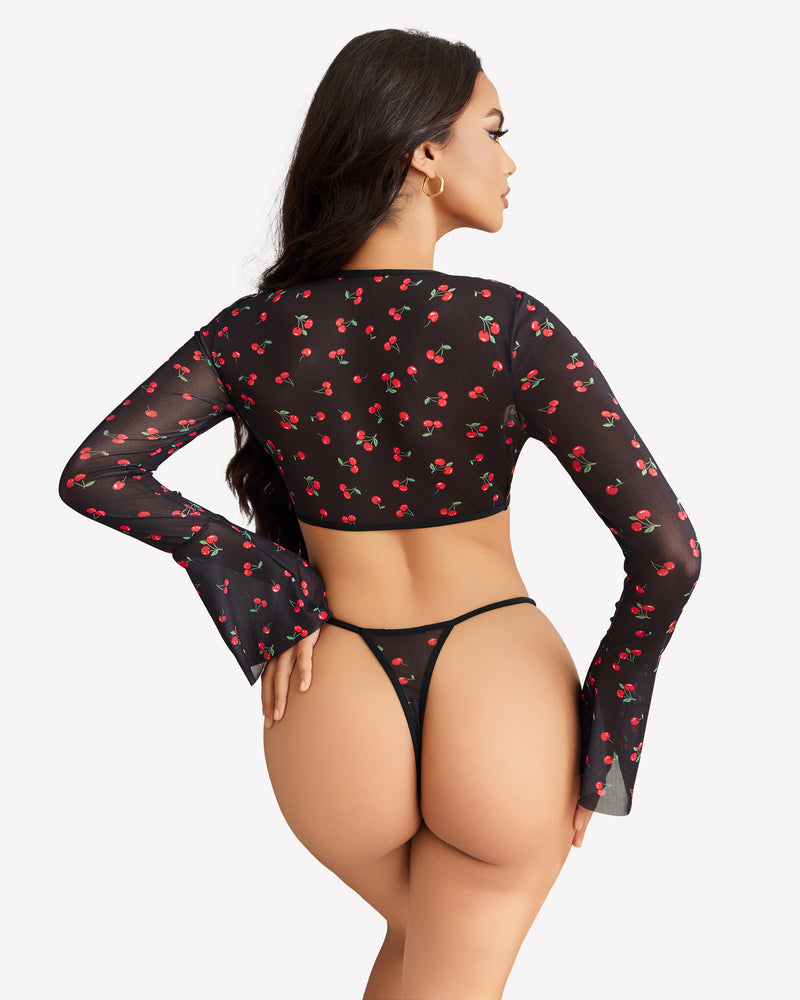 Sheer long-sleeve crop top and g-string thong set, back view in black cherry print