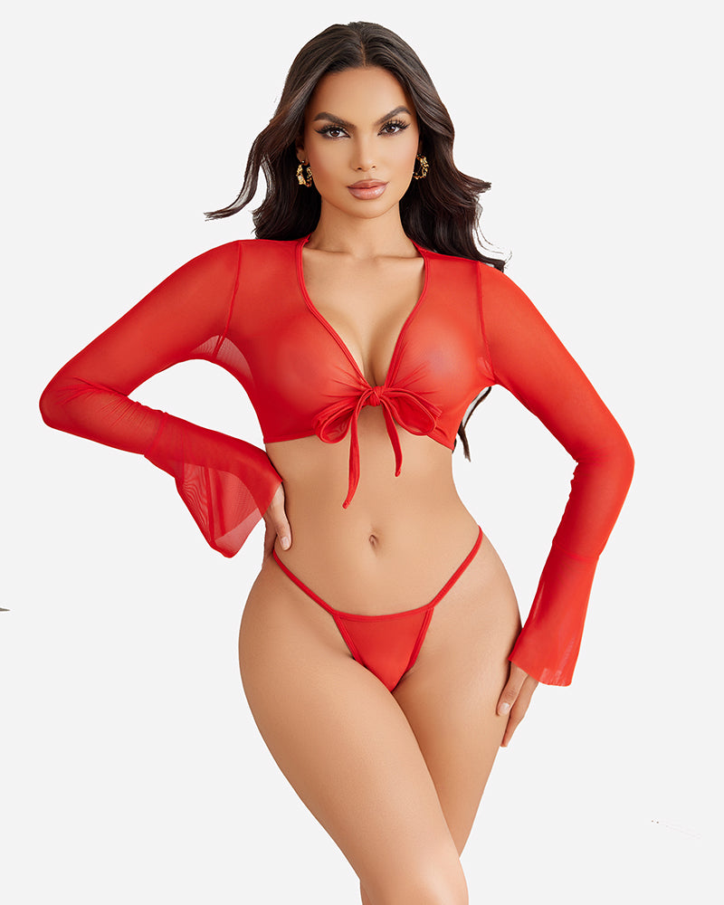 Sheer red long-sleeve crop top with tie-front bow and matching g-string.