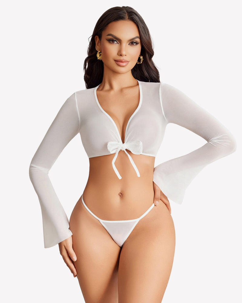Sheer long-sleeve crop top and g-string thong set, white with tie-front detail