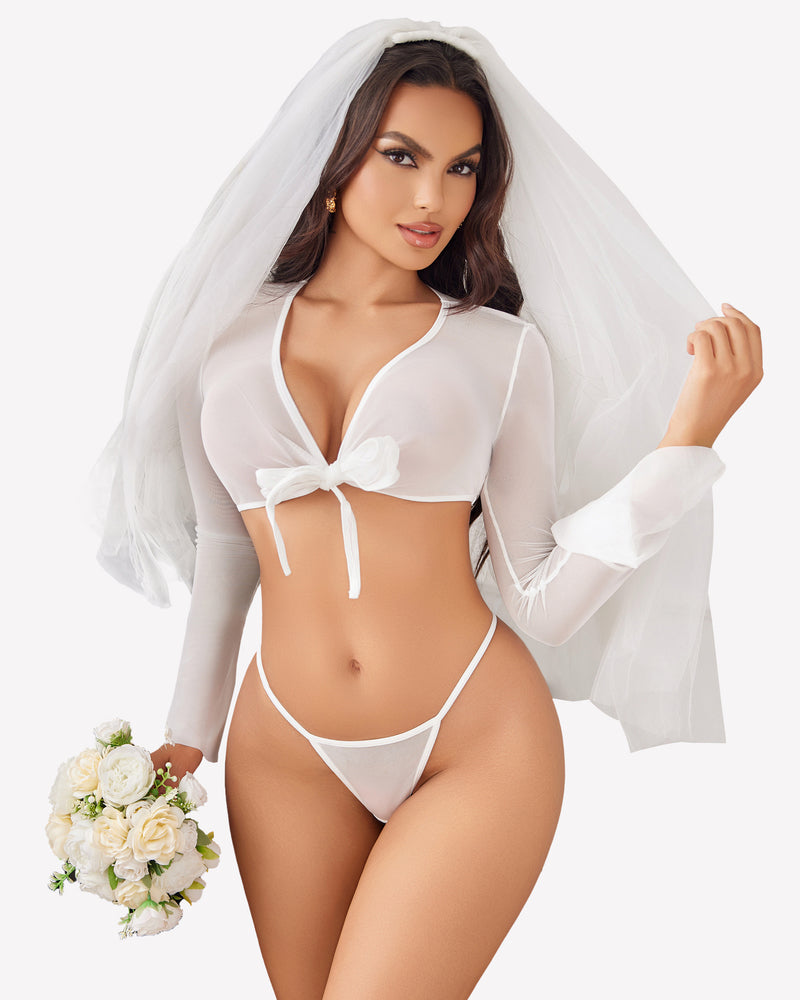 Sheer long-sleeve crop top and g-string thong set, white bow-tie front