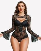 Black lace bodysuit with crop top, long flared sleeves, floral pattern, lace-up front