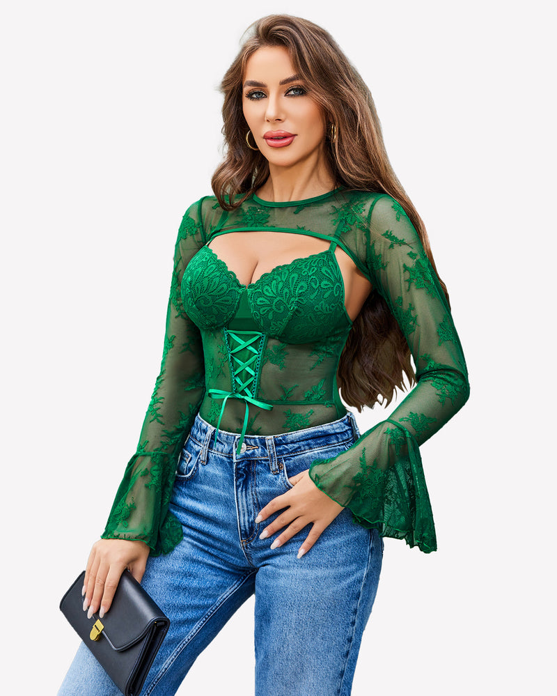 Green lace bodysuit with crop top, long sleeves, lace-up front corset detail, sheer floral mesh