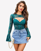 Teal lace bodysuit crop top front, underwire bust, flared sheer long sleeves