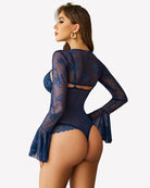 Blue lace bodysuit with crop top, open back and long flared sleeves