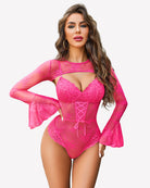 Pink lace bodysuit with crop top, underbust lace cups and bell sleeves