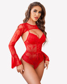 Red lace bodysuit with crop top, long flared sleeves, scalloped bust