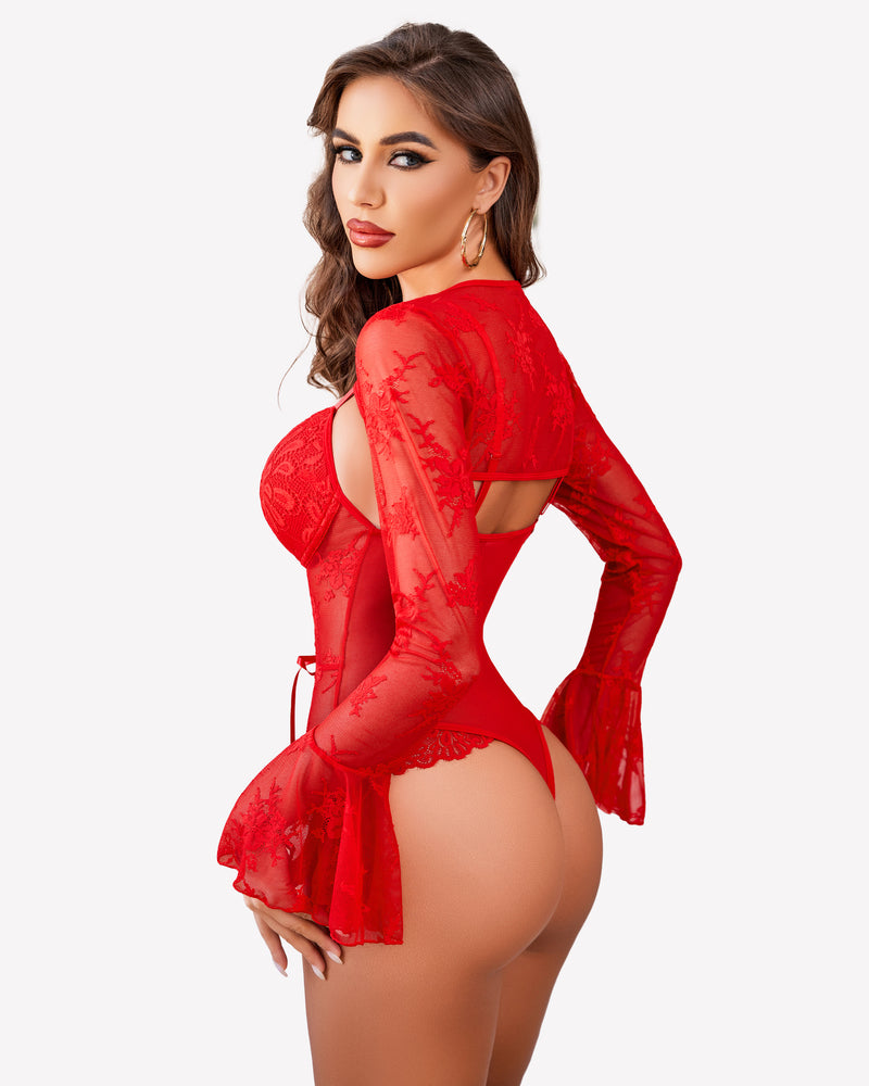 Red lace bodysuit crop top from back, sheer long sleeves, lace cutouts
