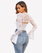White lace bodysuit crop top from back, sheer long sleeves with lace detail