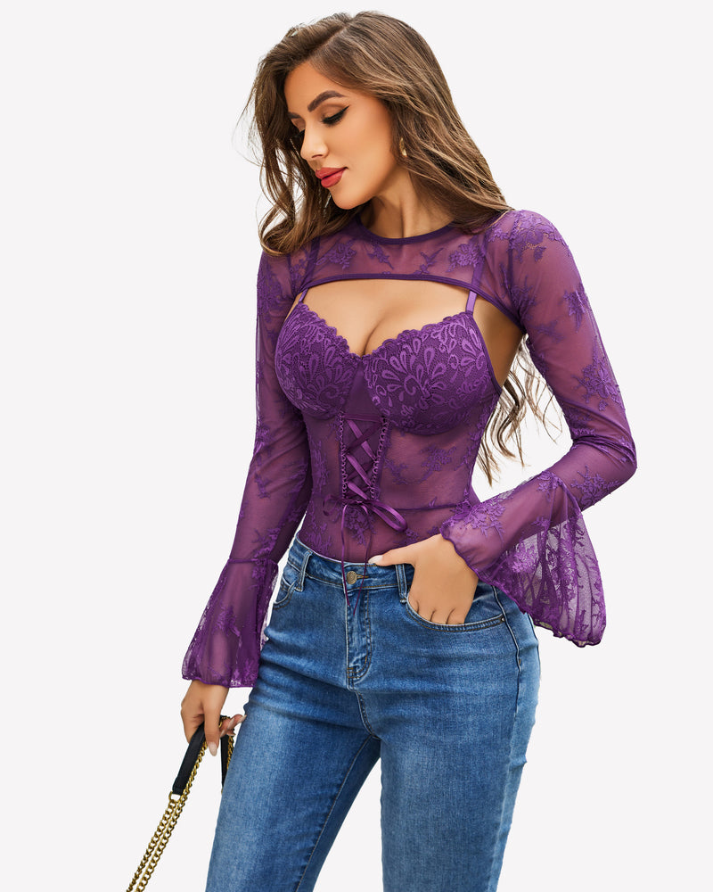 Purple lace bodysuit with crop top, corset lacing front and flared sleeves