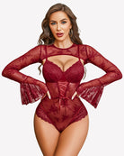 Burgundy lace bodysuit with crop top, underwire cups, and long flared sleeves