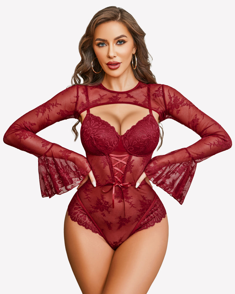 Burgundy lace bodysuit with crop top, underwire cups, and long flared sleeves