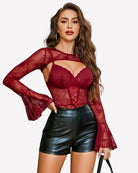 Burgundy lace bodysuit with underwire cups, long flared sleeves, and sheer mesh
