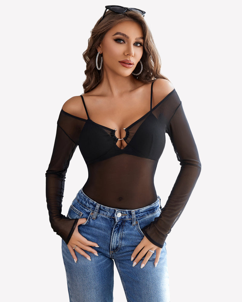 Black mesh long sleeve blouse with plunge neckline and ring cutout at bust