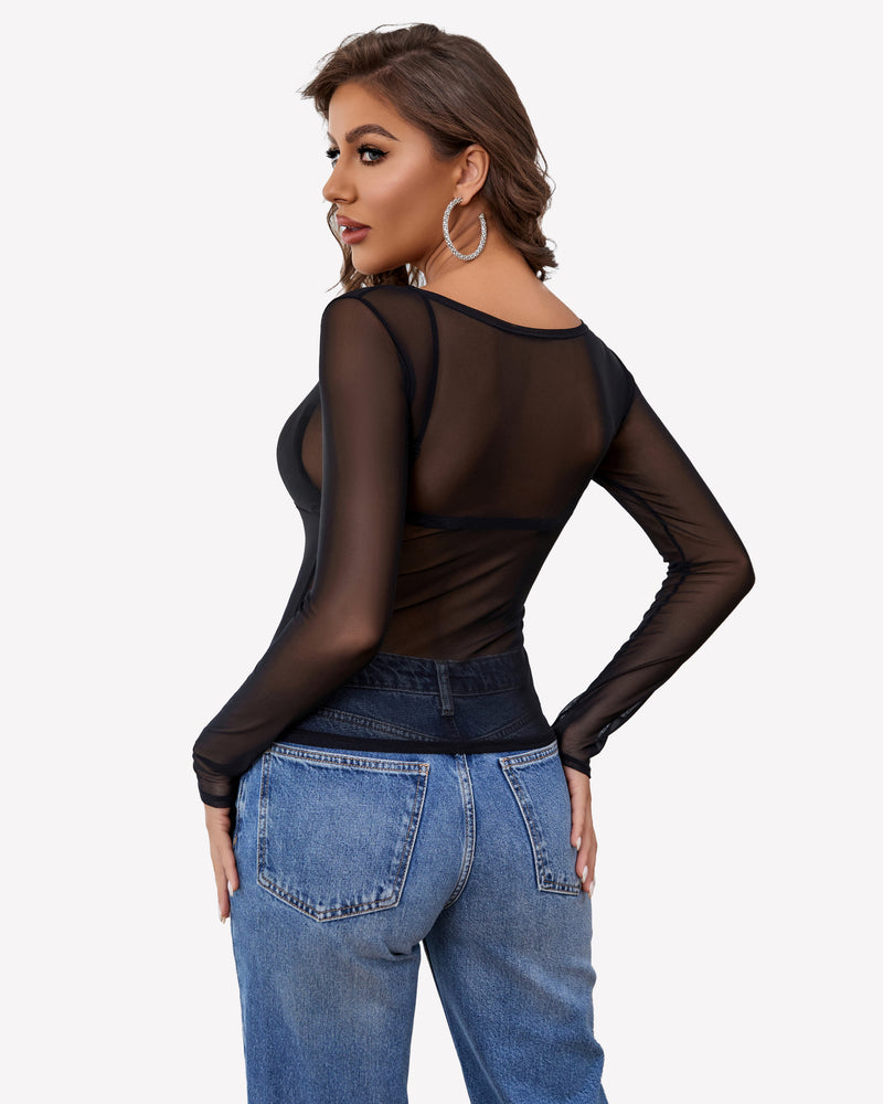 Black mesh long sleeve blouse back view with slim fit and sheer fabric