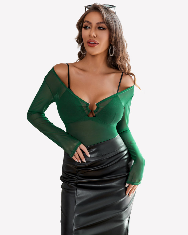 Green mesh long sleeve blouse with off-shoulder look and ring cutout at bust