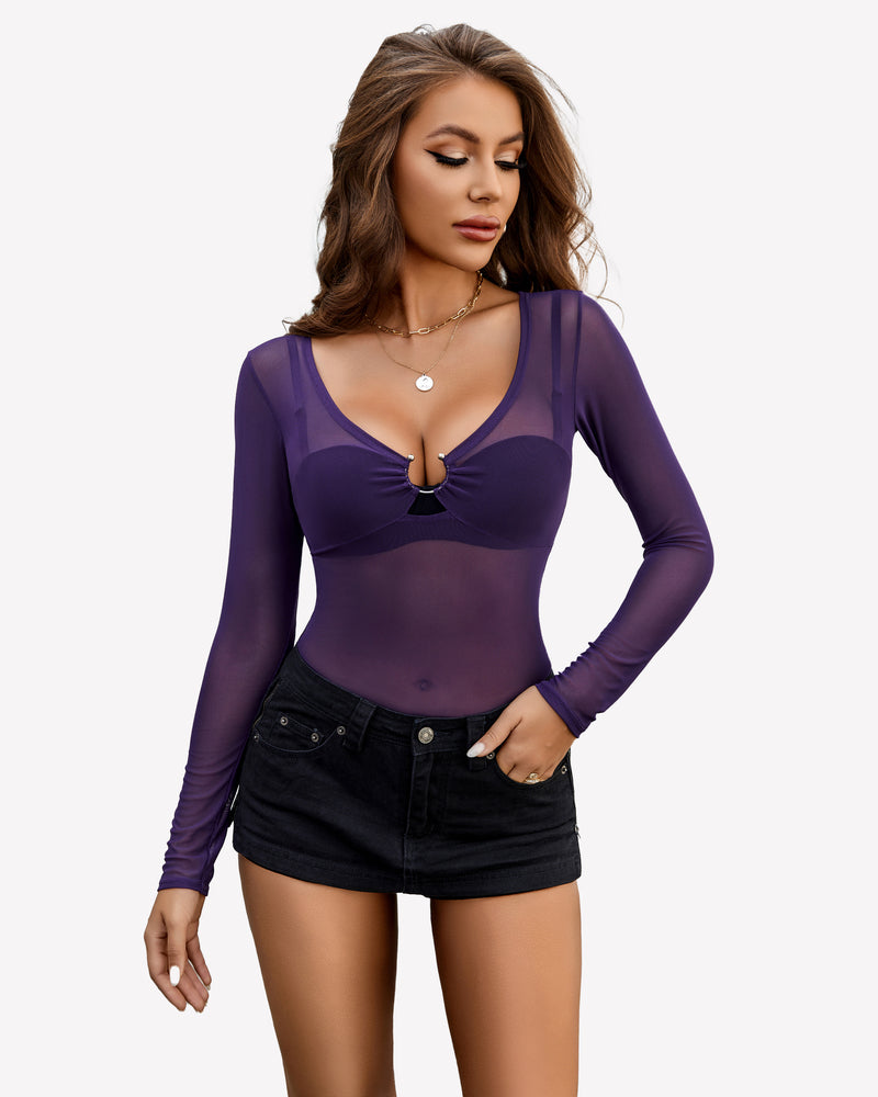Purple mesh long sleeve blouse with deep V neckline and ring cutout at bust