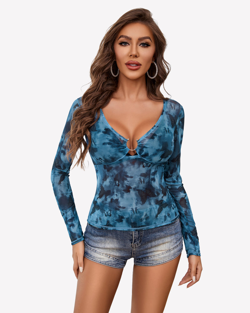 Blue tie-dye mesh long sleeve blouse with deep V neckline and ring cutout at bust