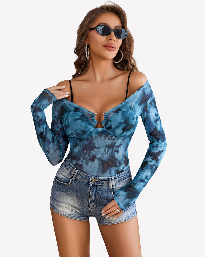 Blue tie-dye mesh long sleeve blouse with plunge neckline and ring cutout at bust