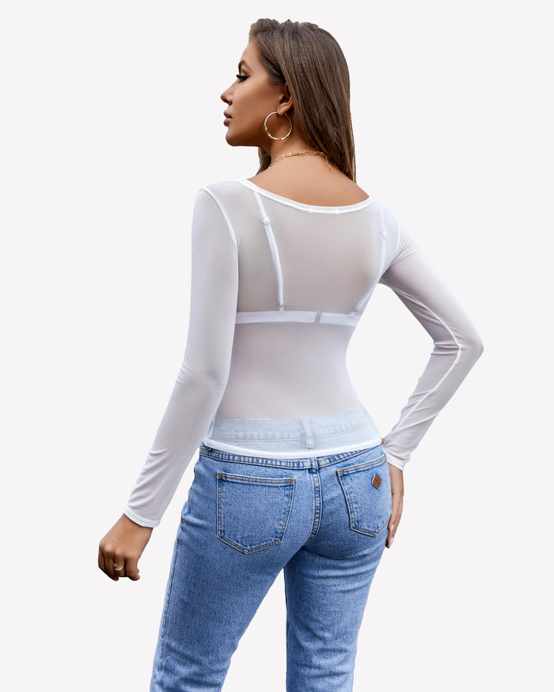 White mesh long sleeve blouse, open back with thin straps