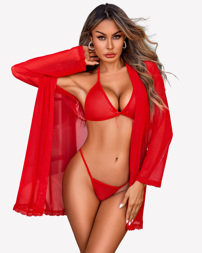 Lingerie set with triangle bra and string panty, red sheer kimono robe
