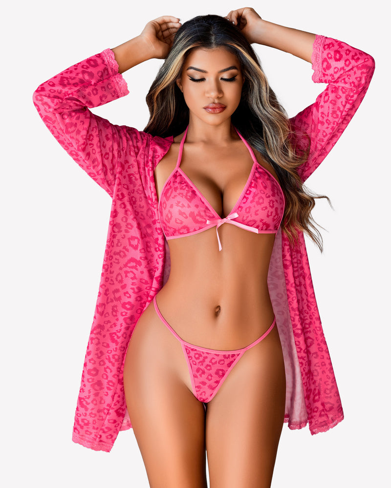 3-piece lingerie set in pink leopard print: triangle bra, thong panty, and kimono robe