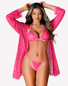 3-piece lingerie set in pink leopard print: triangle bra, thong panty, and kimono robe