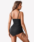 Black ruched modal chemise back view with lace hem and side drawstring ties