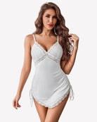 White ruched modal chemise with lace V-neck, spaghetti straps, ruched side drawstrings