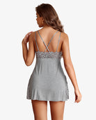 Gray backless strap chemise with crisscross straps and lace hem