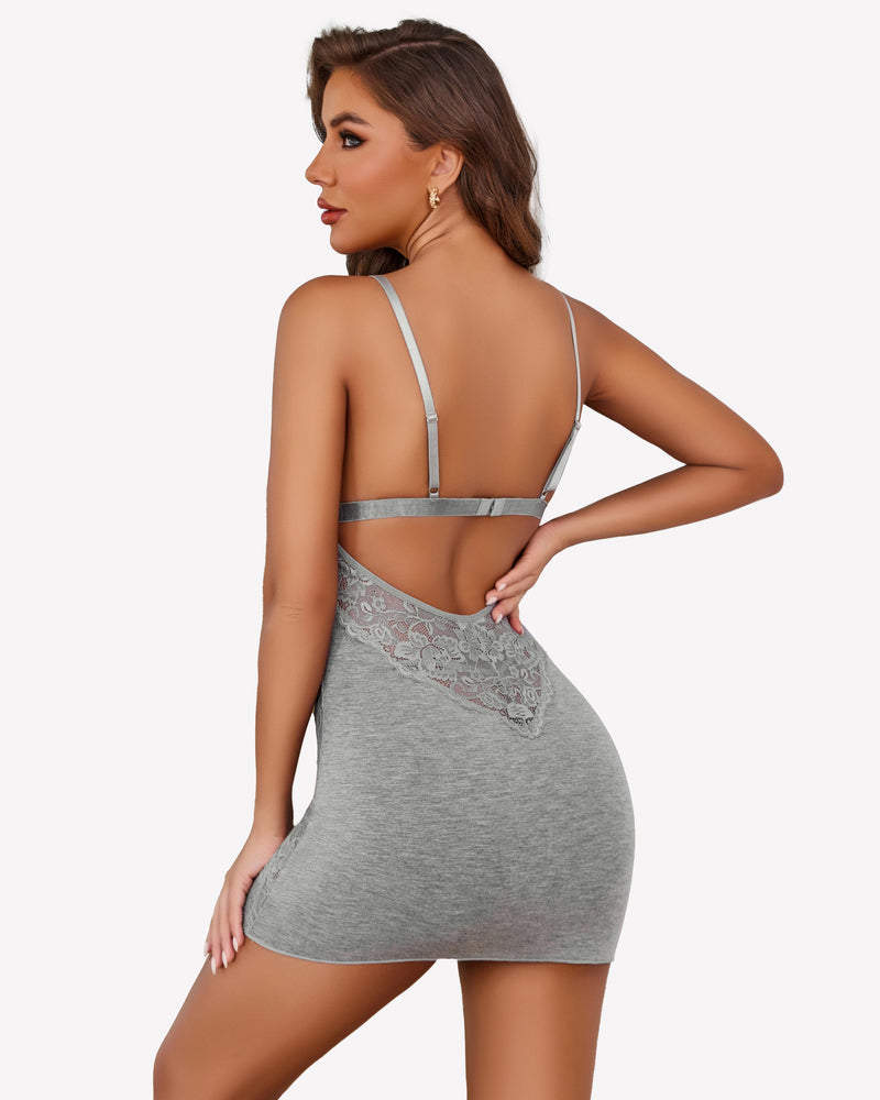 Grey lace chemise slip nightie from back with lace-trim hem and adjustable straps