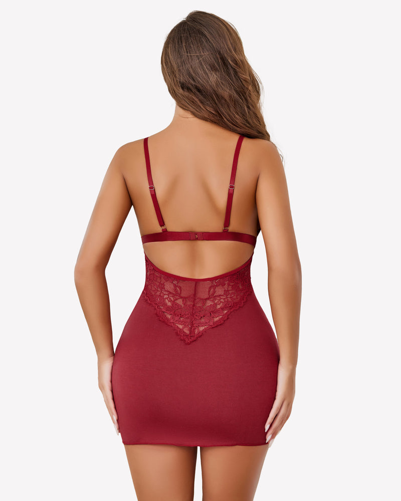 Wine red lace chemise slip nightie from back with lace yoke and thin adjustable straps