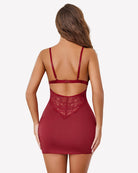 Wine red lace chemise slip nightie from back with lace yoke and thin adjustable straps