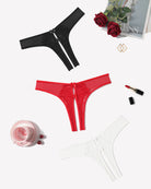 Mesh bow panties set: black, red, and white sheer lace thongs